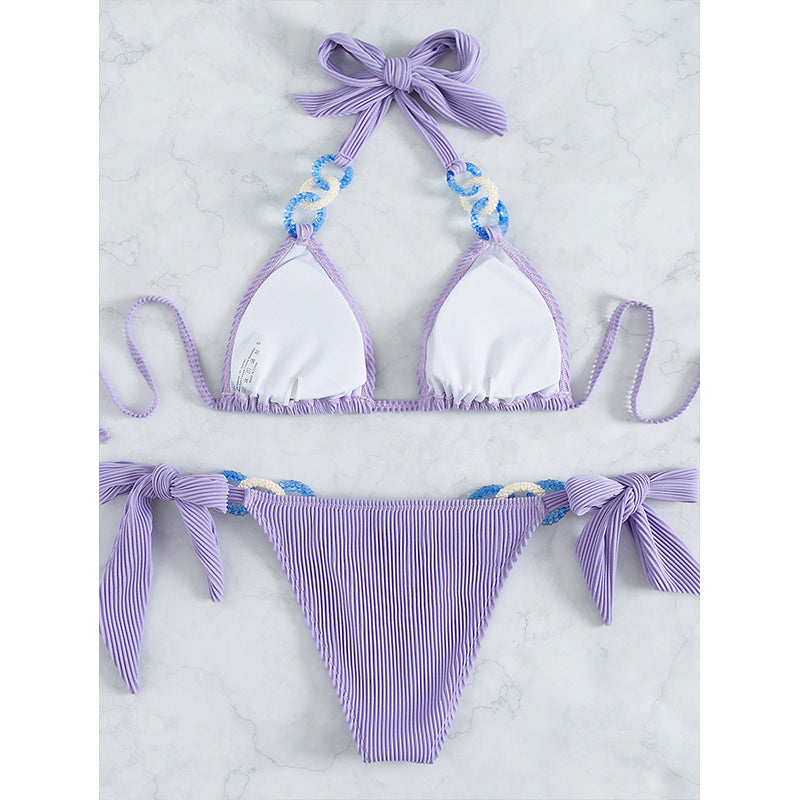 Conjunto de bikini con cuello halter y cadena, traje de baño con nudo para mujer, trajes de baño sexys sin espalda