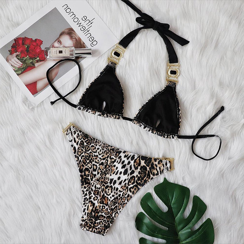 Bikinis con estampado de leopardo, traje de baño estilo halter para mujer, trajes de baño sin espalda
