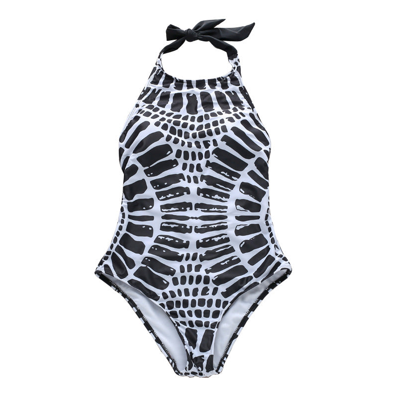 Traje de baño sexy con cuello halter y cordones, estampado de escamas de tótem, bikini ondulado