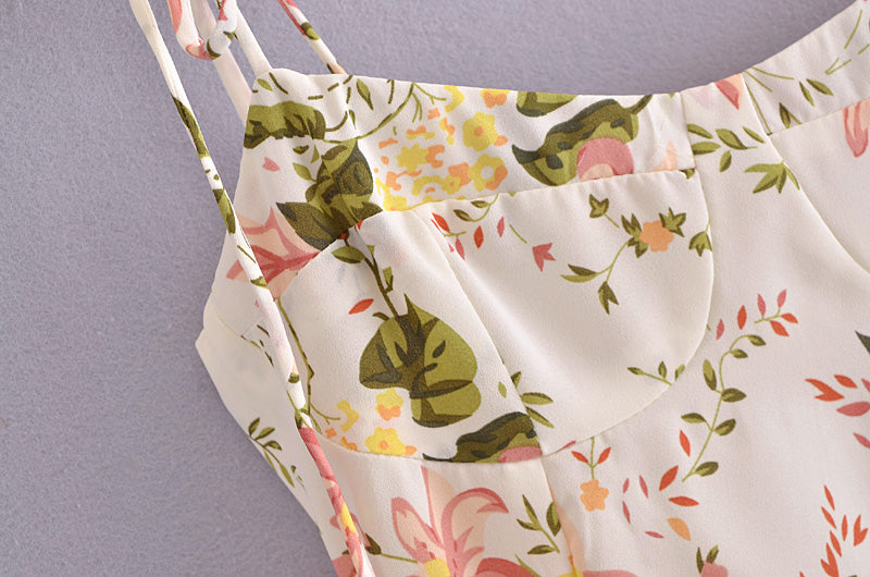 Summer Women High Waist Floral Print Slit Hemline Strap Dress for Women OMI