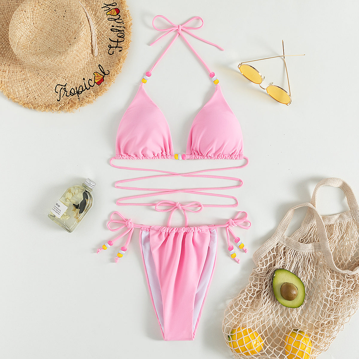 Bikini sexy de color sólido con cuello halter y vendaje para mujer