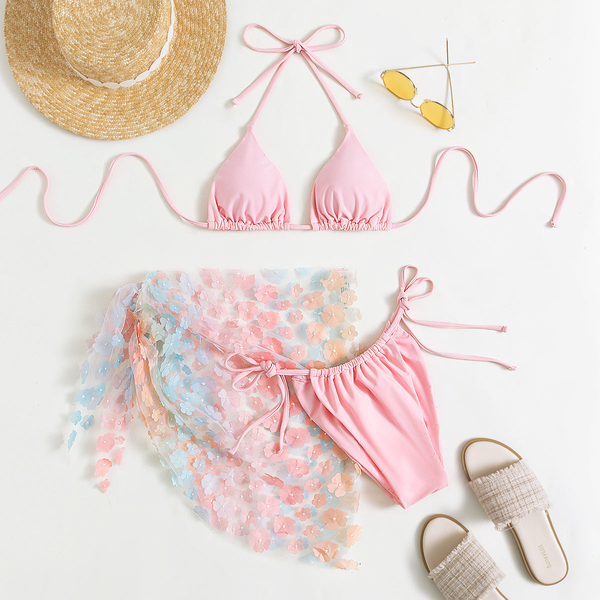 Traje de baño de bikini para mujer, traje de baño de tres piezas, bikini sexy con cuello halter y encaje floral, falda de gasa, traje de baño