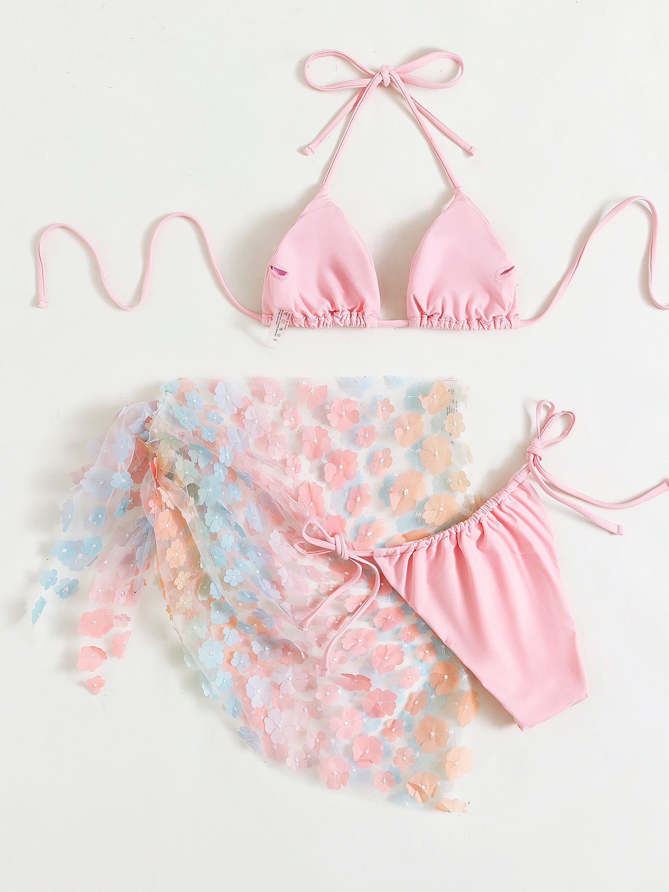 Traje de baño de bikini para mujer, traje de baño de tres piezas, bikini sexy con cuello halter y encaje floral, falda de gasa, traje de baño
