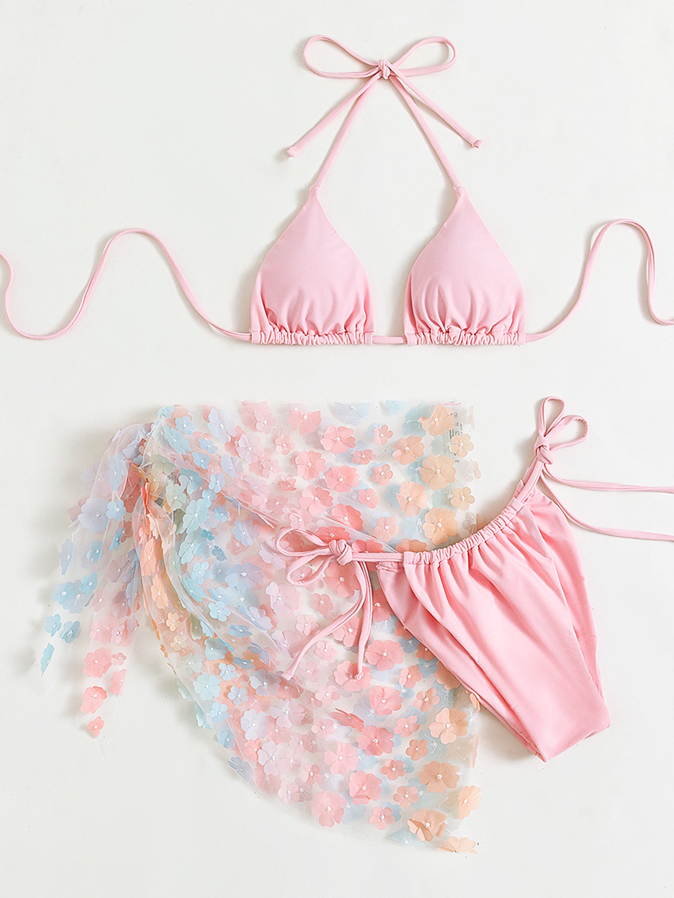 Traje de baño de bikini para mujer, traje de baño de tres piezas, bikini sexy con cuello halter y encaje floral, falda de gasa, traje de baño