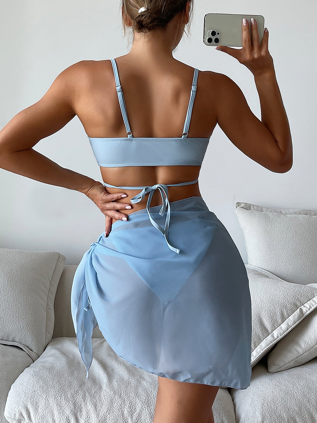 Bikini sexy de color sólido azul claro, traje de baño para mujer, bikini de tres piezas, traje de baño fruncido
