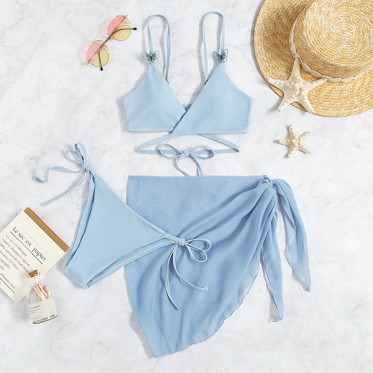 Bikini sexy de color sólido azul claro, traje de baño para mujer, bikini de tres piezas, traje de baño fruncido