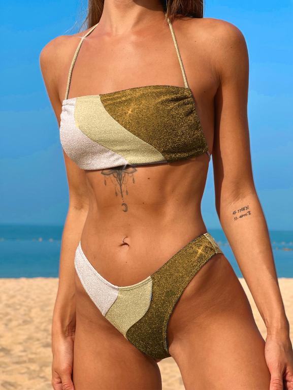 Bikinis de retazos de corte alto, traje de baño sexy sin espalda para mujer, trajes de baño