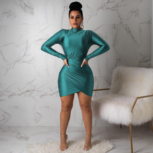 Vestido ajustado de manga larga plisado con cintura ajustada para discoteca