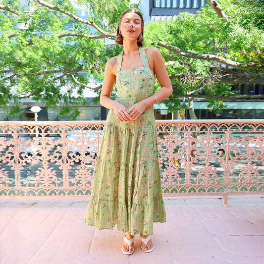 Vestido halter sin mangas con estampado dulce para mujer, sexy, con espalda descubierta y corte A