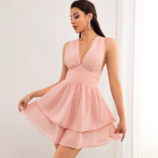 Vestido corto rosa de gasa sexy sin espalda para mujer