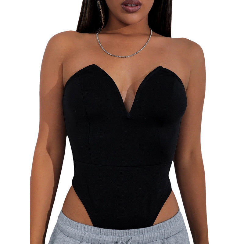 Women Clothing Sexy V Chest Bodysuit Women Tight Bottoming Shirt Slim Fit Figure Flattering Bodysuit