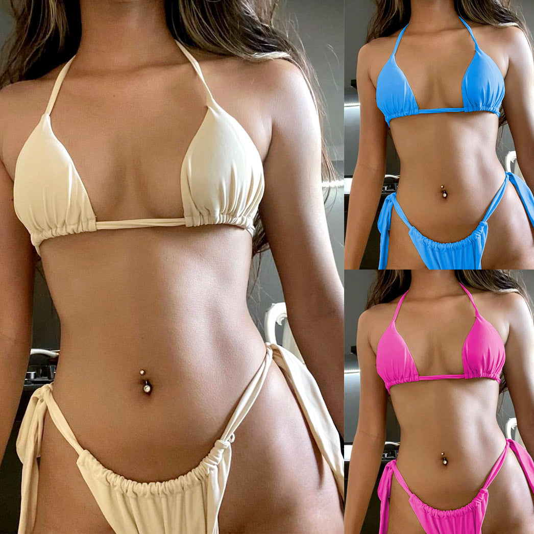 Bikini sexy de tres puntos dividido para mujer, traje de baño de color sólido