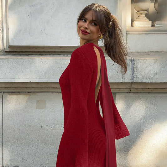 Vestido ajustado de invierno con mangas largas, espalda descubierta y encaje, color liso, sexy, para mujer