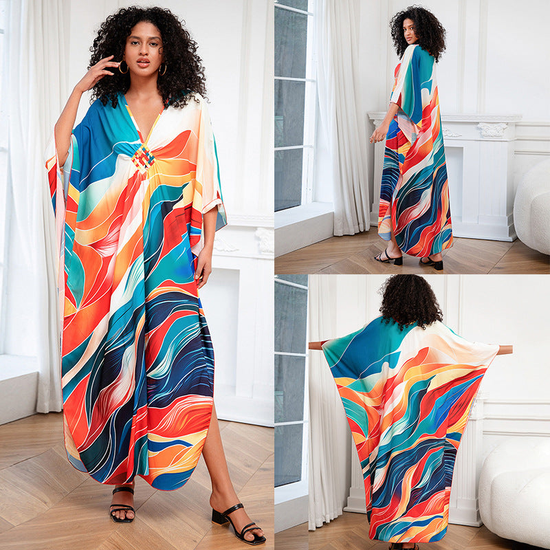 Positioning Print Holiday Loose plus Size Robe Beach Cover up Dress Bikini Cover-up Women's Clothing