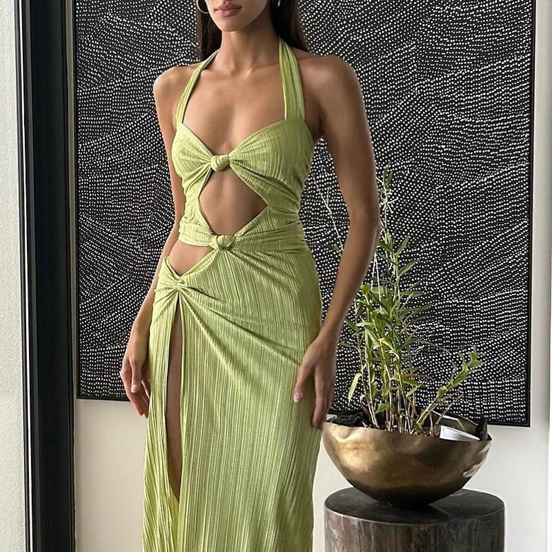 Spring Summer Women French Formal Dress Sexy Halter High Slit Dress Women