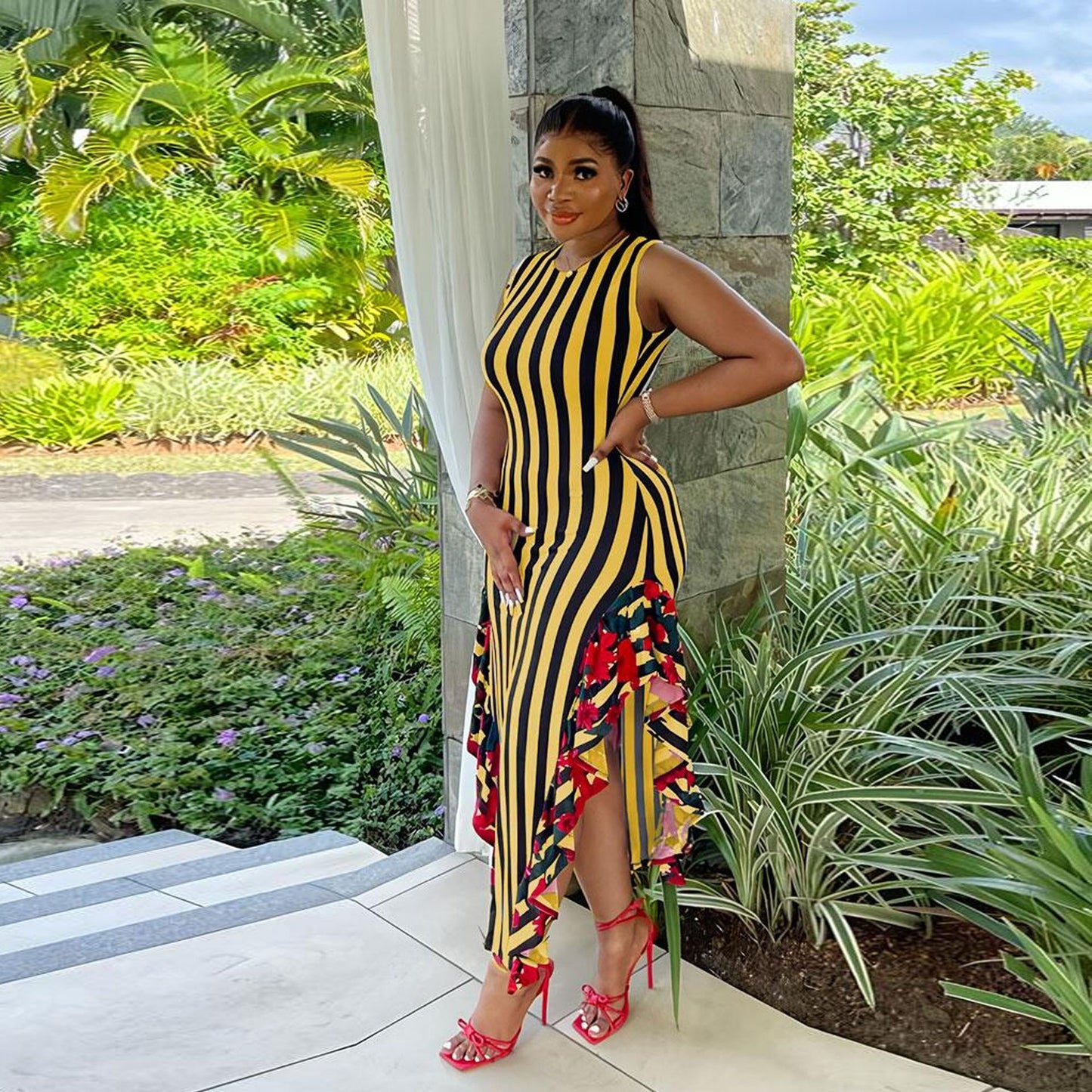Women Clothes Stitching Printing Striped Stitching Wooden Ear Sleeveless Vest Dress