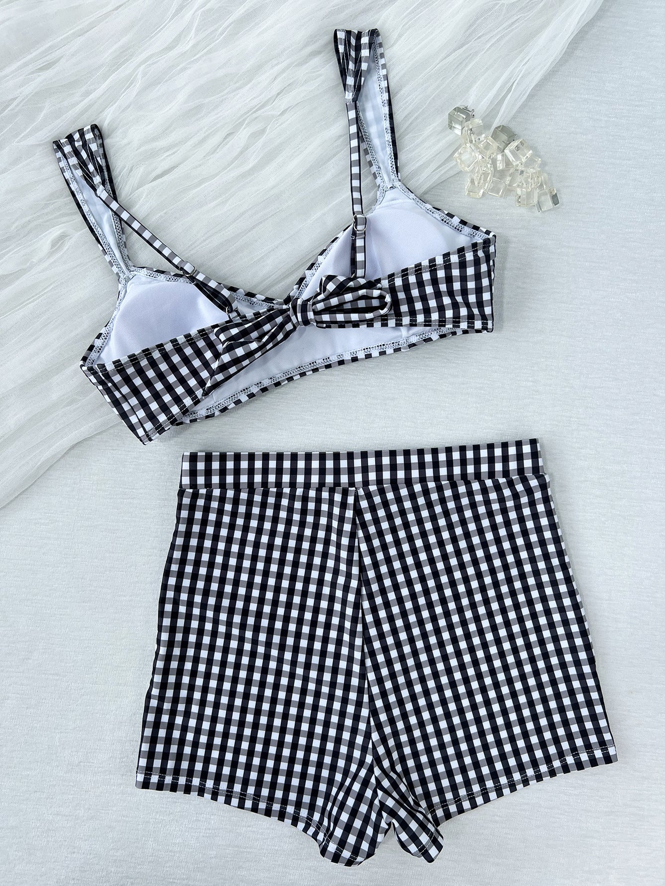 Ladies Split Plaid Printed Tied High Waist Shorts Bikini Swimsuit Bikini YatHin