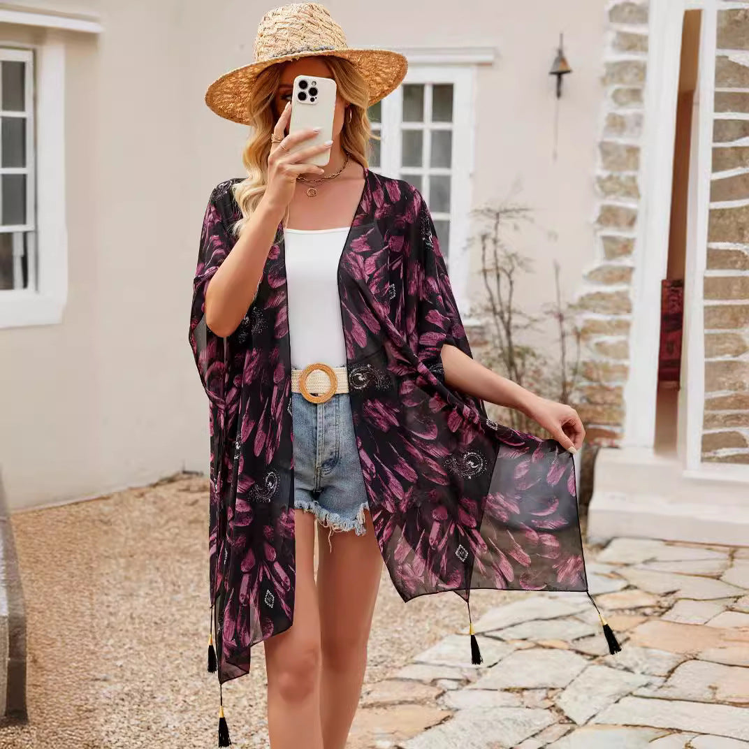 Blusa sexy con borlas para vacaciones en la playa, chal para exteriores