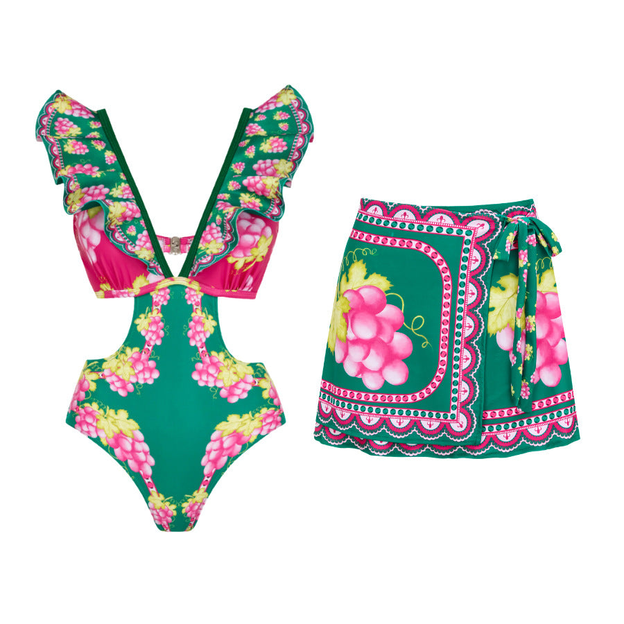 Multicolor Hollow out One Piece Swimsuit Skirt
