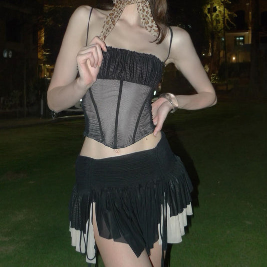 Women Clothing Summer Sexy Mesh Irregular Asymmetric Top Sexy Color Block Skirt Set