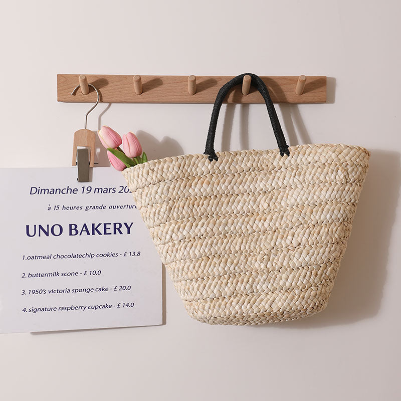 Bolso de paja de gran capacidad, combinable, sencillo, portátil, de hierba natural, tejido a mano, para mujer, para vacaciones en la playa