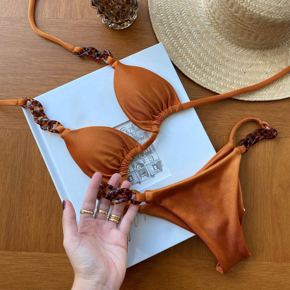 Bikini de tres puntos con tirantes tipo halter, sexy, sin espalda, de cintura baja, color liso, dividido