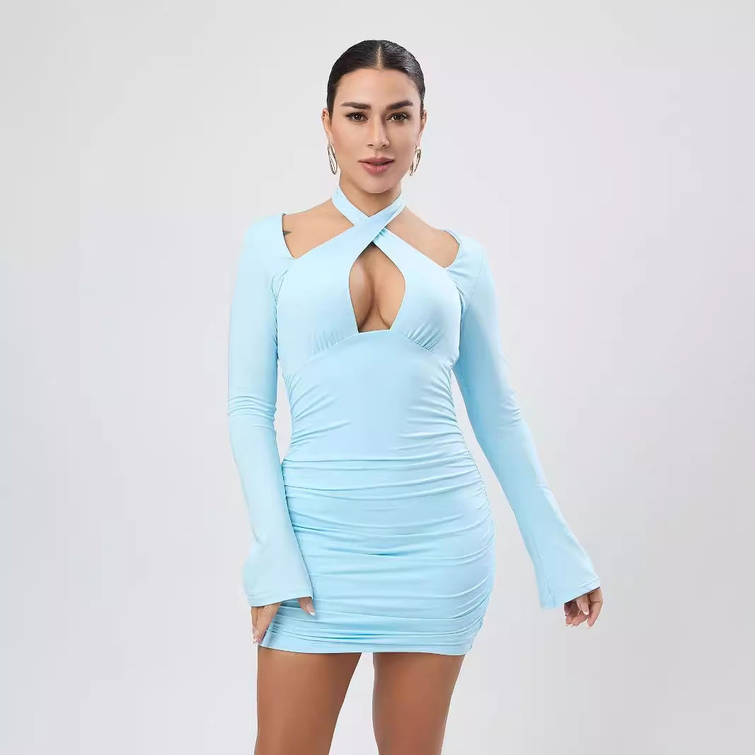 Vestido súper sexy elástico de manga larga con cuello halter ajustado y sexy para mujer