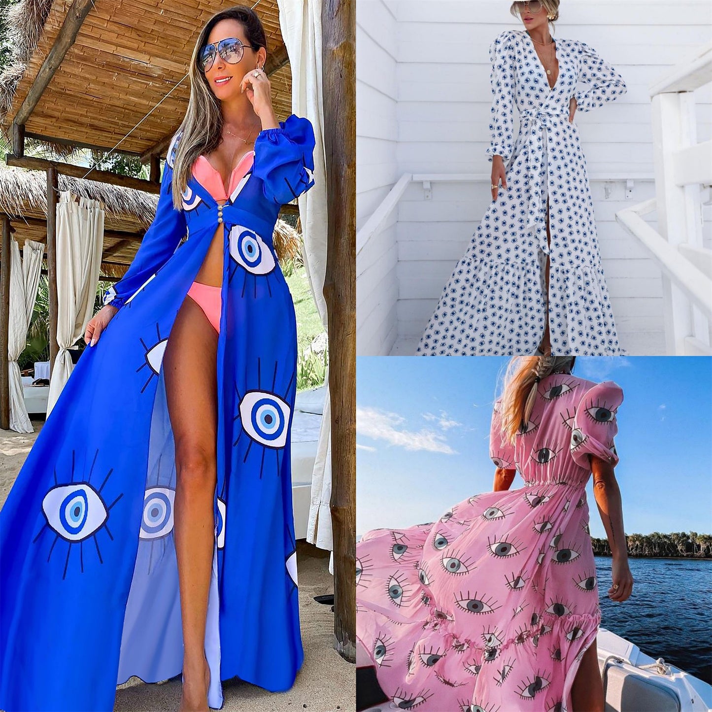 Printed Beach Cover up Sexy Cardigan Loose plus Size Seaside Vacation Skirt Beach Cover Up