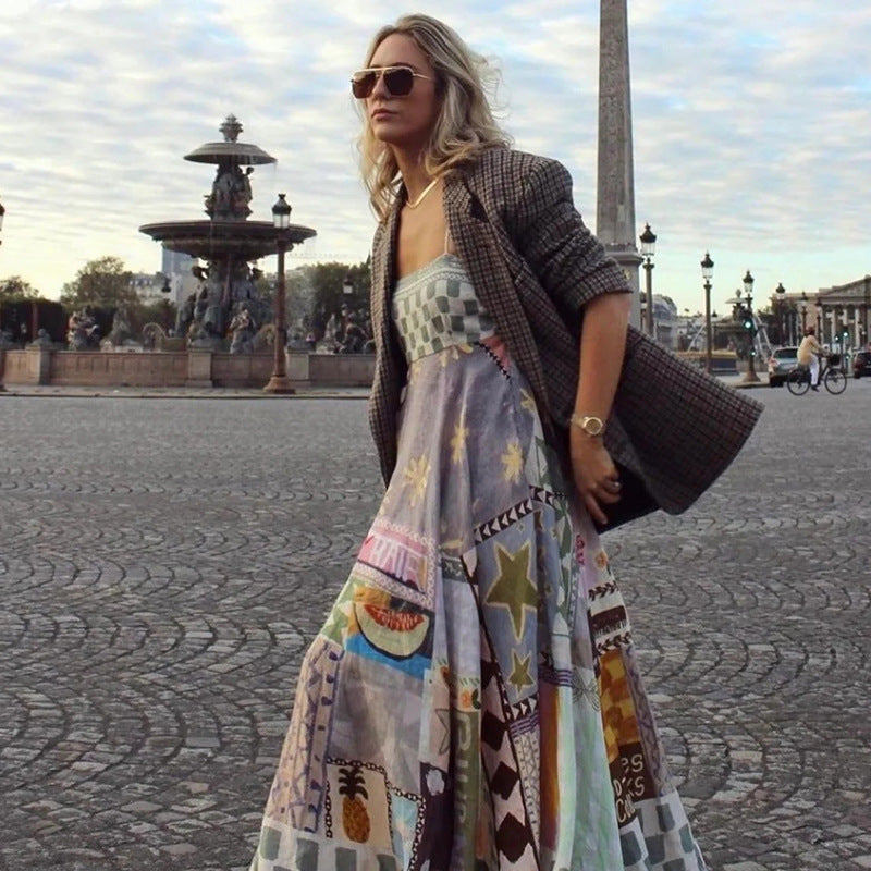 Elegant Casual Design Print Strap Slim High Waist Slimming Maxi Dress Women Clothing Ory
