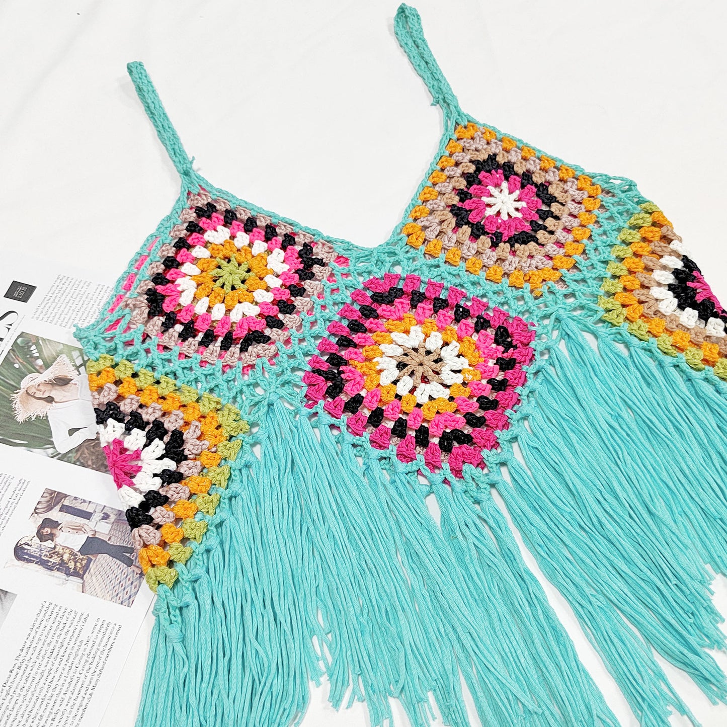 Women Clothing Women Top Pure Hand Crocheting Random Mixed Color Stitching Camisole Tassel Shirt Crochet