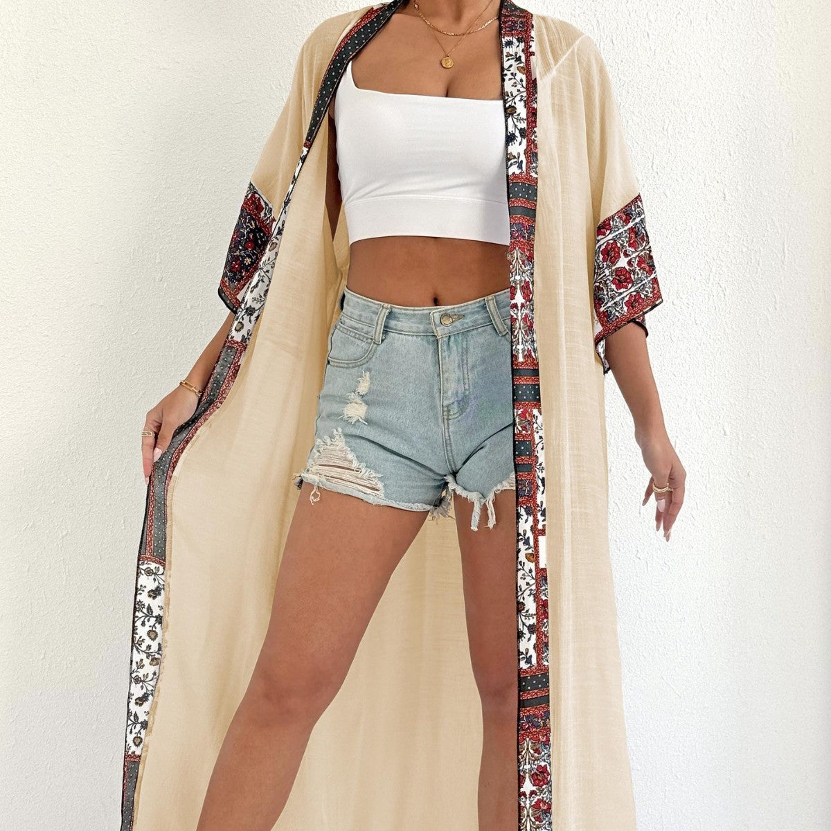 Women Sun Protection Cardigan Women Clothing Color Contrast Patchwork Long Coat Beach Bikini Cover up Blouse