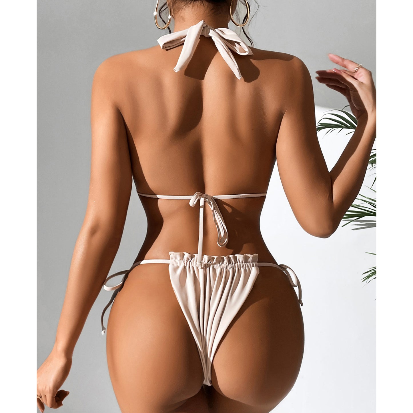 Traje de baño de bikini sexy de color sólido con cuello halter dividido para mujer