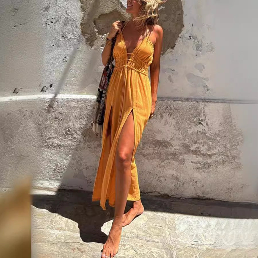 Vestido sexy con doble abertura y dobladillo de color liso