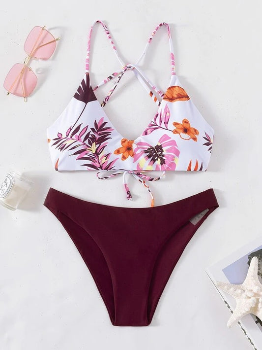 Traje de baño de bikini con estampado floral cruzado y abertura en forma de U, traje de baño decorativo con marea para nadar