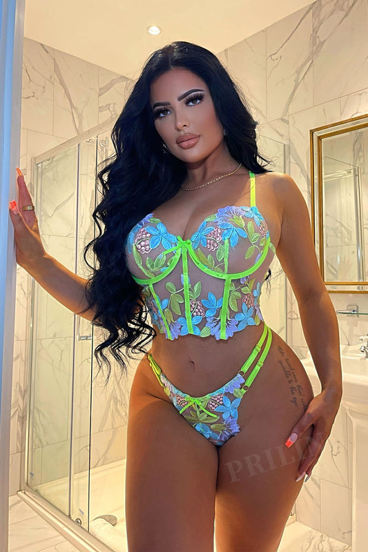 Sexy See-through Mesh Forest Embroidery Garter Sexy Suit