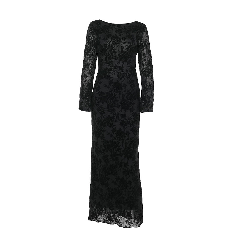 Sexy Backless Long Sleeves Printed Dress Women Autumn Graceful Fashionable Dress