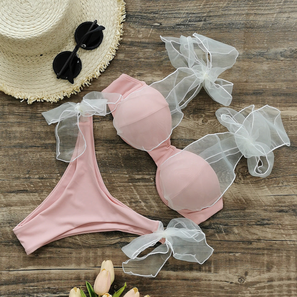 Traje de baño de malla de color sólido con tirantes divididos para mujer, bikini sexy fresco sin espalda