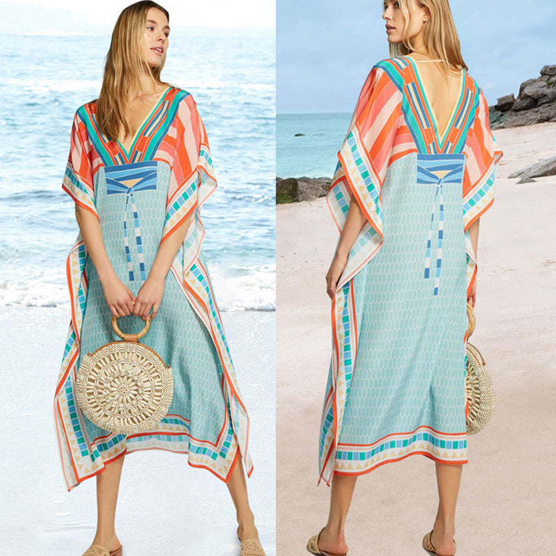 Robe de plage ample en mousseline de soie, col en V, imprimé, grande taille, pour femmes