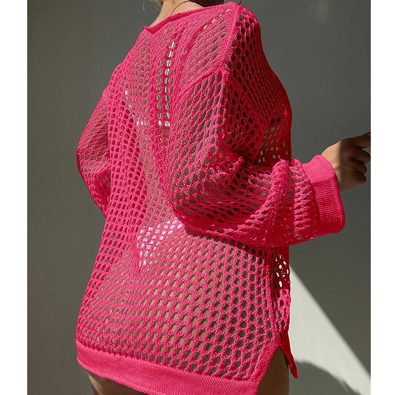 Summer Vacation Sexy Cutout Big round Neck Loose Pullover Bikini Sunscreen Knitted Beach Cover up Crochet hook