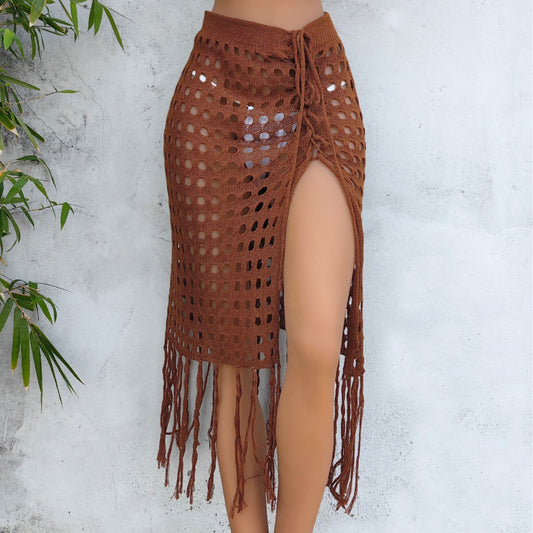 Women Clothing Sexy Cutout Woven Lace up Tassel Dress Split Beach Skirt