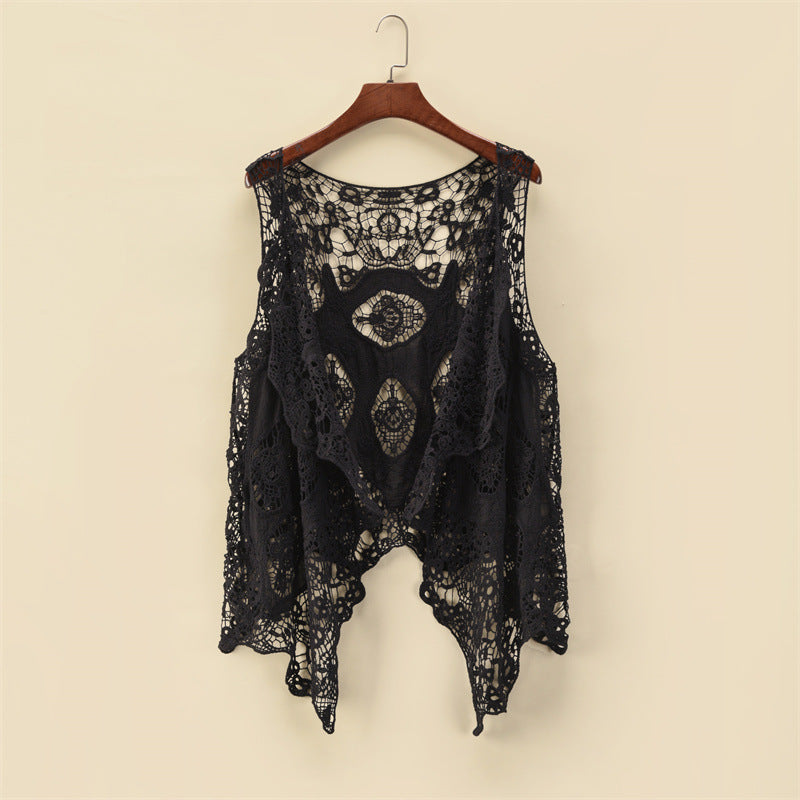 Women Summer Coat Thin Coat Sleeveless Lace Cardigan All Match Shawl Beachwear Sun Protection Clothing Women Hollow Out Cutout Shirt