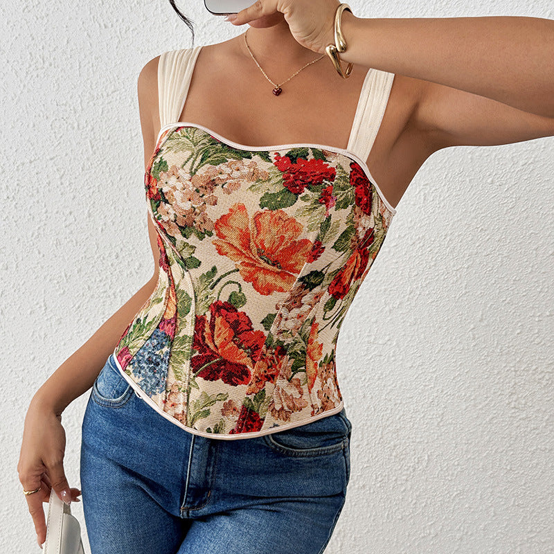 Corset français rétro imprimé à baleines, corset amincissant, débardeur, haut à bretelles