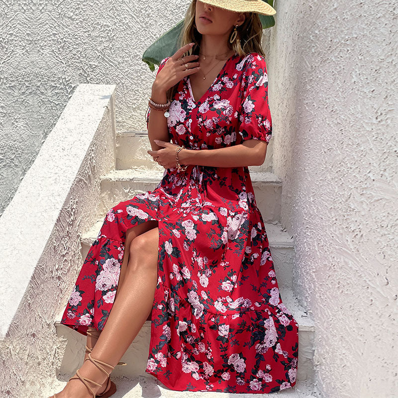 Summer Women Wear Printed V neck Split Dress for Women
