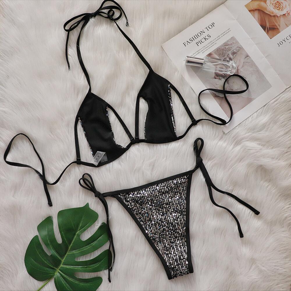 Bikini sexy con lentejuelas divididas para mujer, traje de baño de playa con cordones y recortes