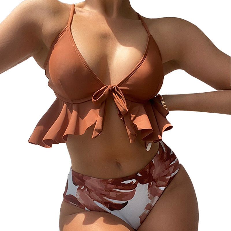 Sexy Solid Color Tied Flying Bikini Women Swimsuit High Waist Slim Swimwear