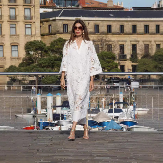 Vestido camisero informal holgado de encaje para vacaciones en la playa
