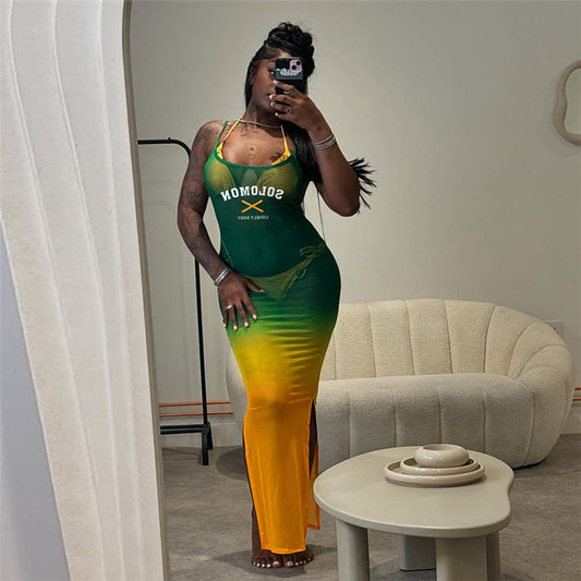 Spring Women Clothing Unique Gradient Contrast Color Letter Graphic Printing Slim Sexy Mesh Dress Women