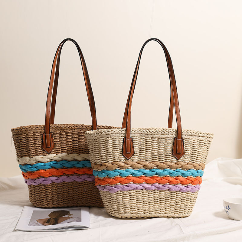Bohemian One Shoulder Straw Bag Rainbow Stripes Straw Bag Woven Bag Vacation Beach Bag Women Bag