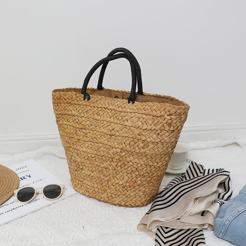 Bolso de paja de gran capacidad, combinable, sencillo, portátil, de hierba natural, tejido a mano, para mujer, para vacaciones en la playa