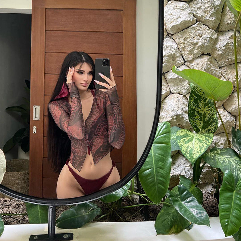 Summer Beach Sun Protection Sexy Mesh Floral Print Wooden Ear Sheer Long Sleeve With Finger Stall Cropped Top